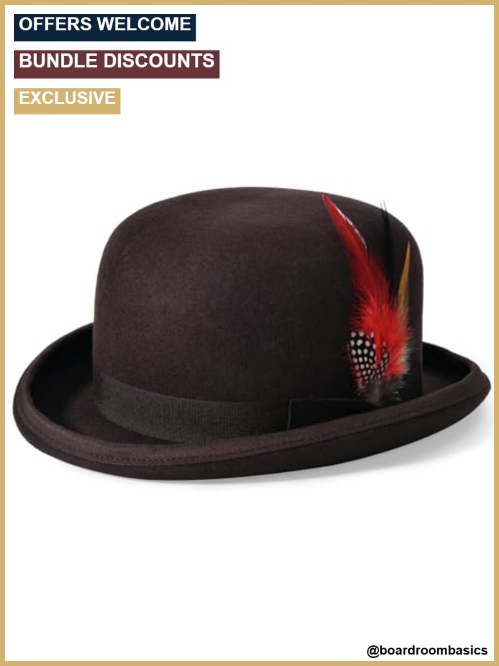 100% Wool Bowler Derby Hat Unisex with Feather Fedora Dress Up